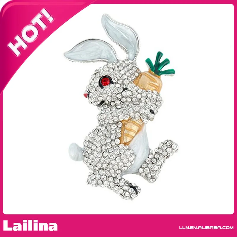 

Cute Clear White Rhinestone Rabbit with carrot Brooch Pin for Easter