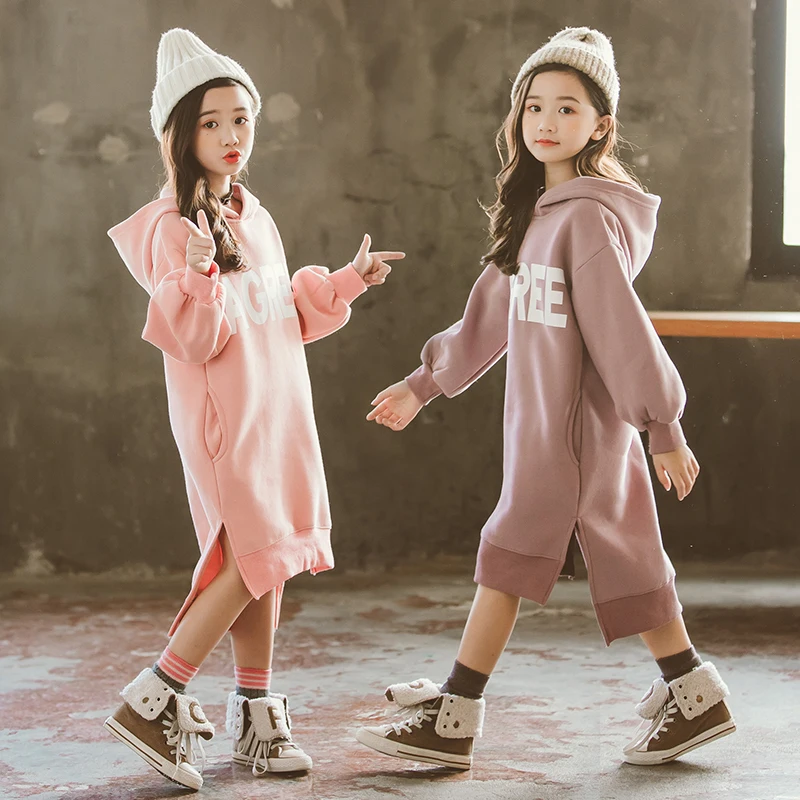 Kids Girls Fleece Dress Fall Winter 2020 Big Long Sleeve Thick Hoodie Dresses Casual Hooded Coat Clothes | Детская одежда и обувь