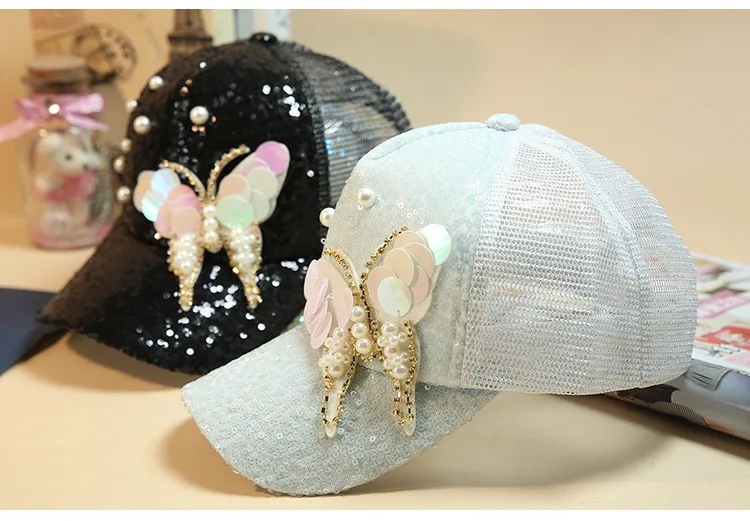 Роскошные Для женщин Бейсбол Кепки Марка Bling бабочка жемчуг Блёстки хип-хоп Кепки Винтаж на кнопках сзади Дизайн Кепки Повседневное snapback hat