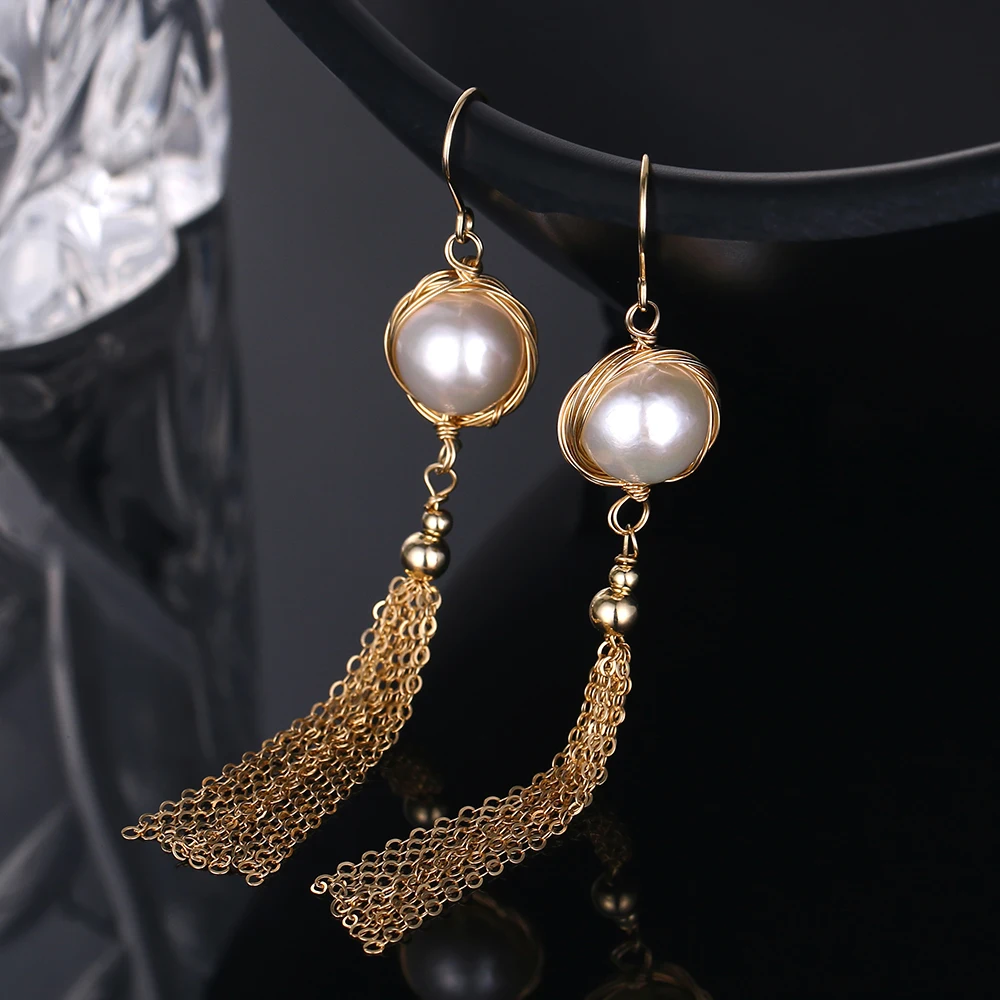 Барокко круглые жемчужные висячие серьги винтажные золотые проволочные звенья