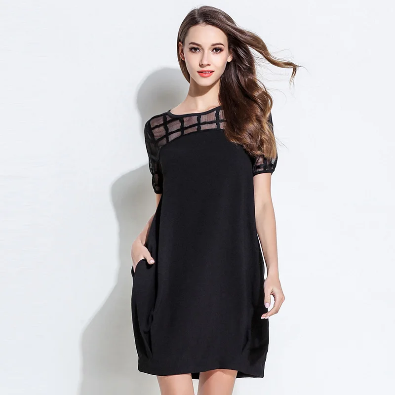 Новинка 2017 летнее женское Сетчатое лоскутное черное платье с бутоном коротким