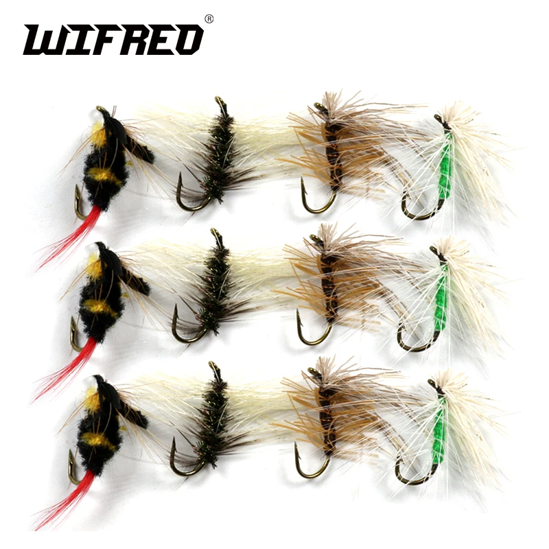 Wifreo 12 шт./кор. нахлыстом, летающая приманка набор "шмель", "+ Caddis цвета: зеленый, коричневый+ комаров комара мухи форель летучей рыбы приманки#12 крюк