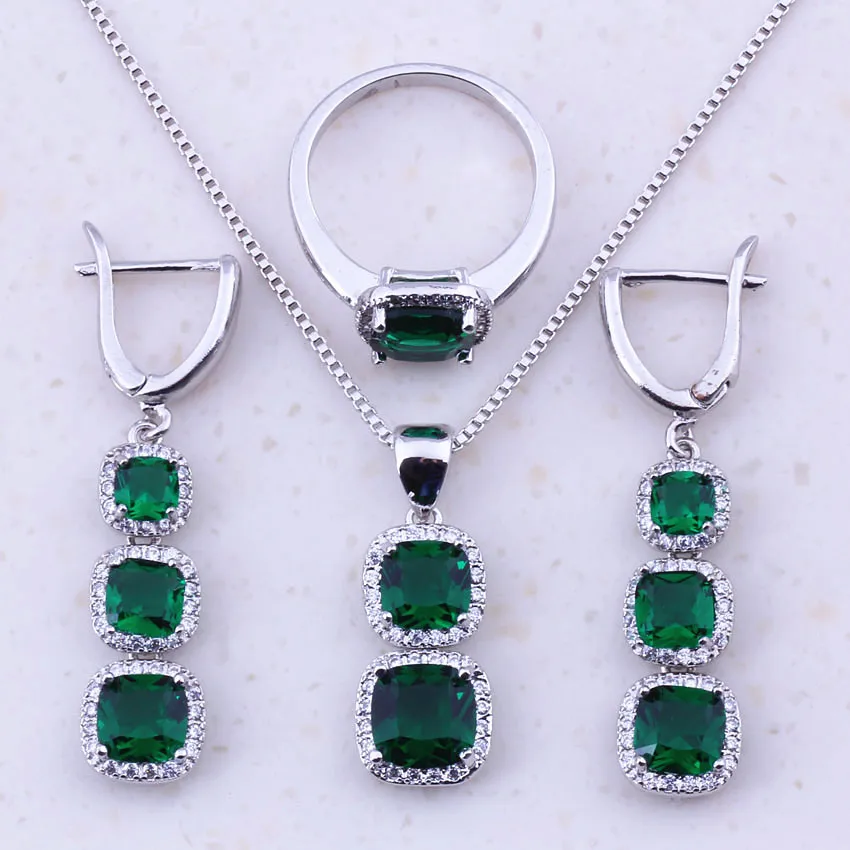 Женский квадратный комплект ювелирных изделий зеленый искусственный изумруд из