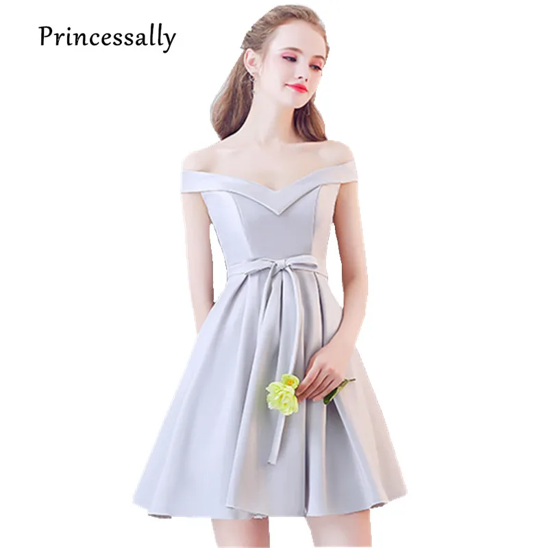 Женское короткое вечернее платье элегантное серое подружки невесты с открытыми