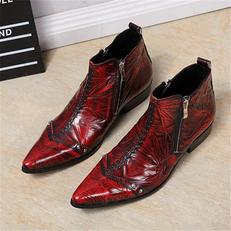 

Wine Red Men Ankle Boots Double Zipper Military Cowboy Boot Mens Safety Shoes Pointed Toe Dress Rubber Boots