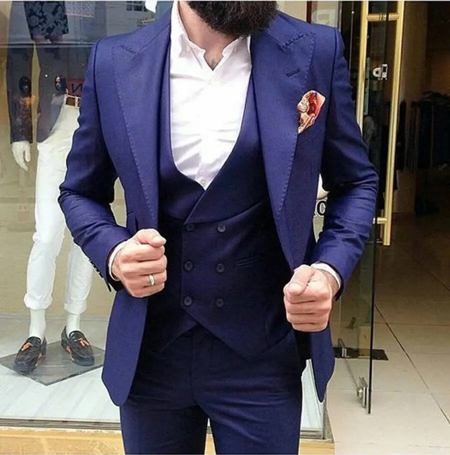 Классический Тонкий смокинг жениха Королевского синего цвета для мужчин костюмы для свадьбы/выпускного бала лучший мужской блейзер (пиджак + брюки + галстук + жилет) A243