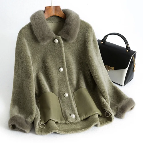 army green Пальто из корейской норки с меховым воротником, шерсть, Женская куртка, осенне-зимняя куртка, женская шуба из овчины, замшевая подкладка ZT1647 - Цвет: army green