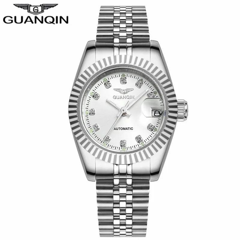 Silver White Women GUANQIN механические часы Роскошные автоматические часы мужские Лидирующий бренд автоматические часы с ветром дата золотые водонепроницаемые наручные часы - Цвет: Silver White Women
