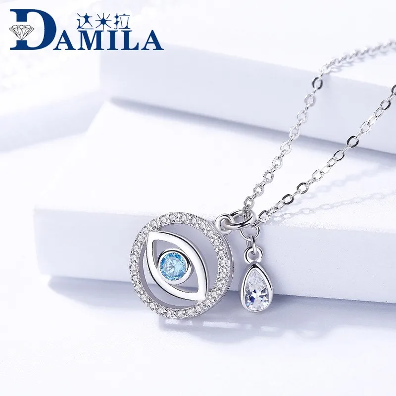 Damira S925 Silver Accessories Simple Fashion Square Blue Eye Round Embedded Zircon Necklace Wholesale Agent |