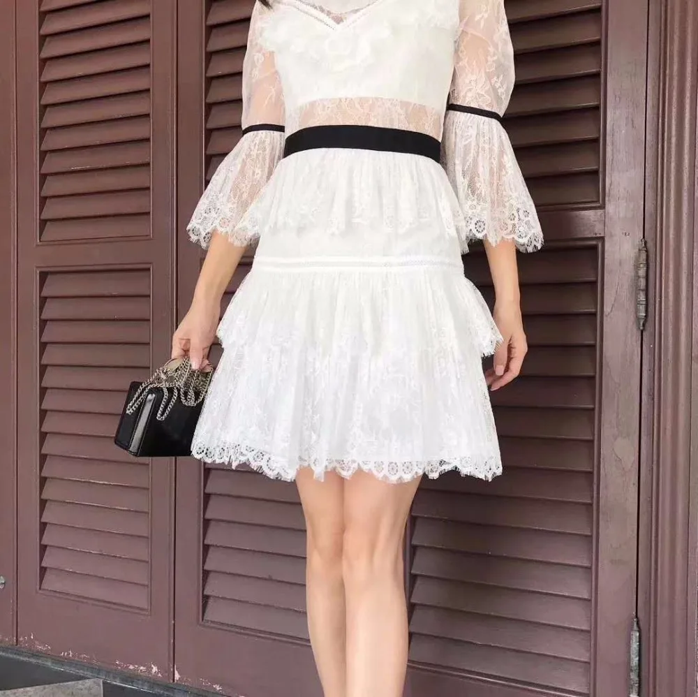 Runway Self Portrait White Lace Women Party Dress 2018 Autumn Patchwork Hollow Out Flare Sleeve Ruffles Slim Holiday | Женская одежда