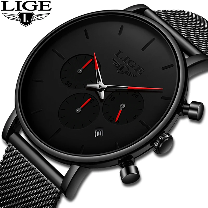 Часы Relojes LIGE Мужские кварцевые Стальные модные брендовые Роскошные спортивные
