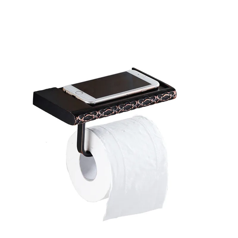 

Bathroom Paper Holder Tissue Holder Copper Black Oil Brushed Carved Toilet Paper Rack with Phone Shelf Hardware Storage holder