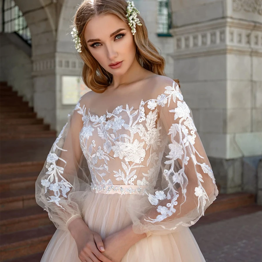 Одежда с длинным рукавом свадебное платье тюль, цвет Шампань юбка Vestido de Noiva кружевная Апликация невесты Robe Mariage