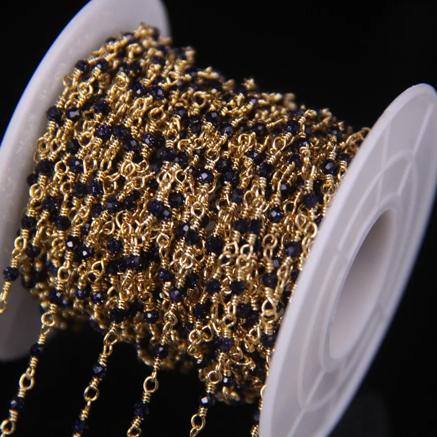 5Meter Blue Goldstone 2mm Faceted Round Beads Rosary Chain,Plated Gold Brass Wire Wrapped Gems Necklace Bracelet Sweater Chains