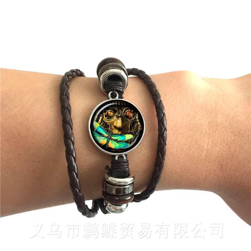 Dragonfly Pattern Classic Bracelet Insect Art Picture Glass Cabochon Dome Black/Brown 2 Color Leather Cords Adjustable Bangle | Украшения и