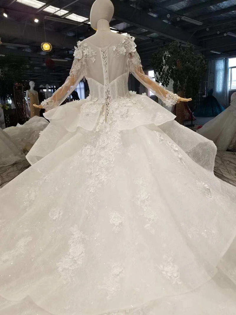 LSS075 free shipping beauty wedding gown o-neck long sleeve ball petal 3D flowers vestido elegante mujer para invitada boda | Свадьбы и