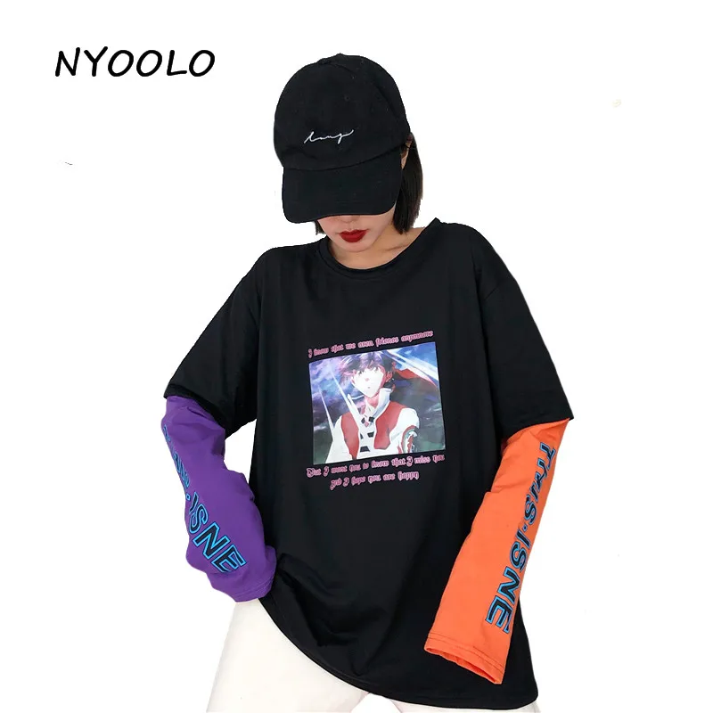 Футболка NYOOLO Harajuku с принтом аниме, 2 штуки, Лоскутная футболка, Повседневная Уличная футболка с длинным рукавом, женская одежда, топы, футболки