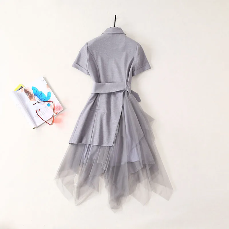 HIGH QUALITY Newest 2020 Summer Runway Dress Women's Short Sleeve Notched Collar Gauze Patchwork Asymmetrical | Женская одежда