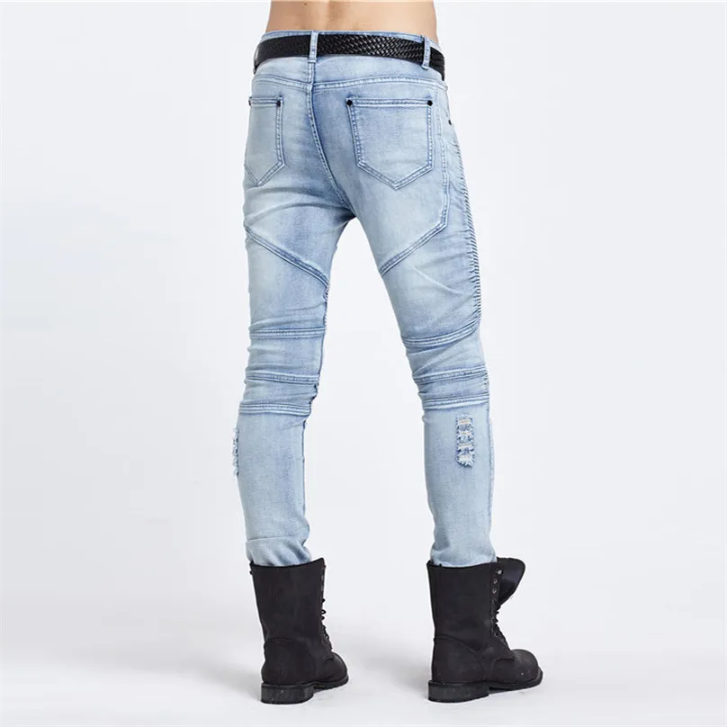 2017 Брендовые мужские Стрейчевые облегающие рваные байкерские джинсы синие