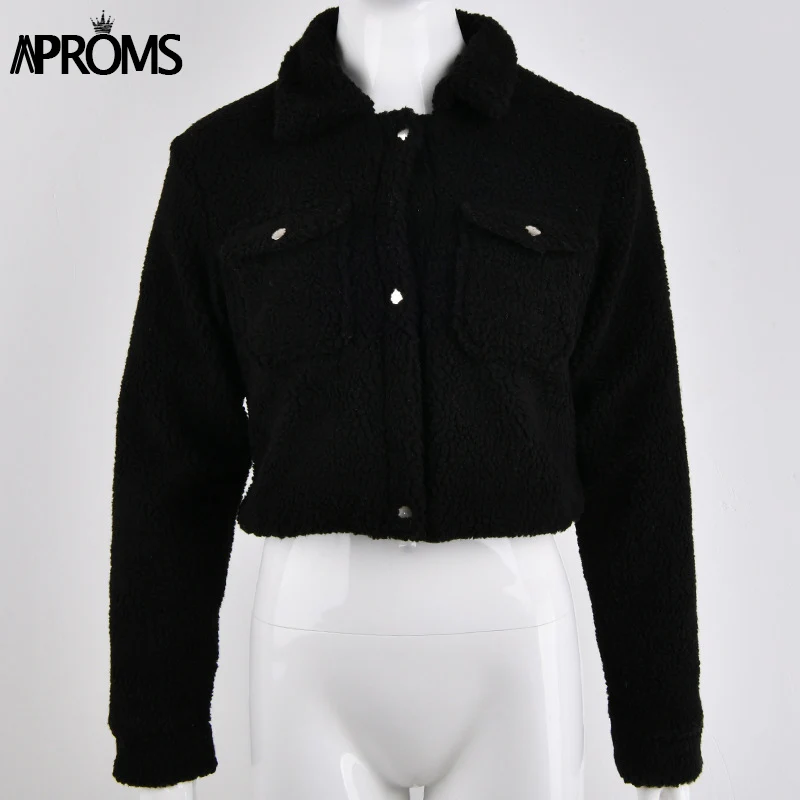 Aproms укороченная плюшевая женская куртка, Модель года! Aproms элегантная однотонная укороченная мягкая толстая теплая плюшевая женская куртка на осень и зиму с карманами спереди