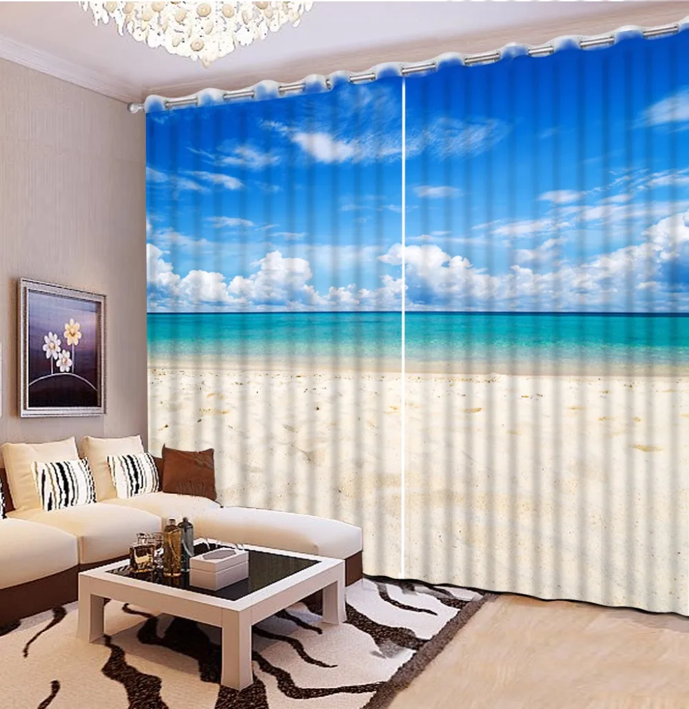 

European and American style 3D Curtain blue sky big sea Living Room Bedroom Window Blackout Curtains