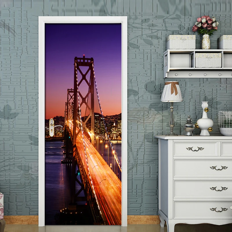 City Bridge Night Landscape 3D Self adhesive Door Stickers Mural Living Room Bedroom Home Decor Poster PVC Waterproof Wallpaper