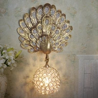 european classic peacock open screen design gold paint wall lamp luxury crystal decoration living room led lighting hanging ball