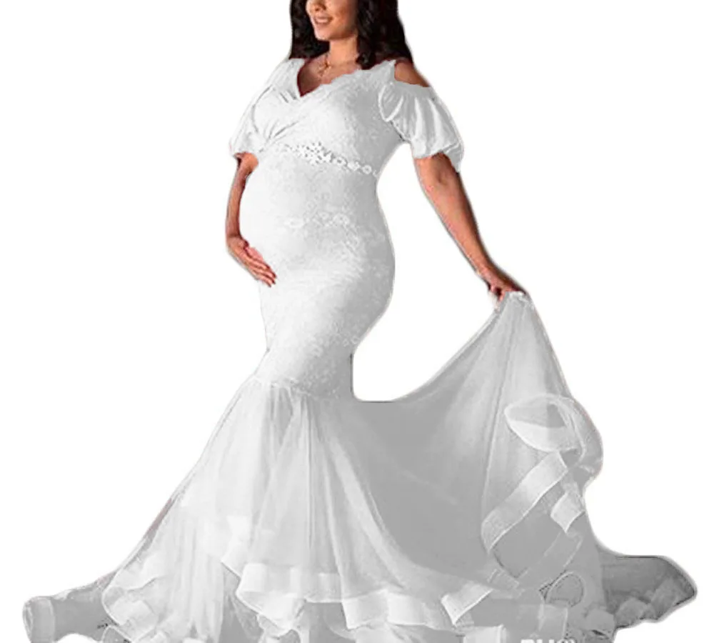 

Women's Lace Maternity Wedding Dresses Baby Shower Beaded Sash Mermaid Pregnant Prom Party Dress for Photography