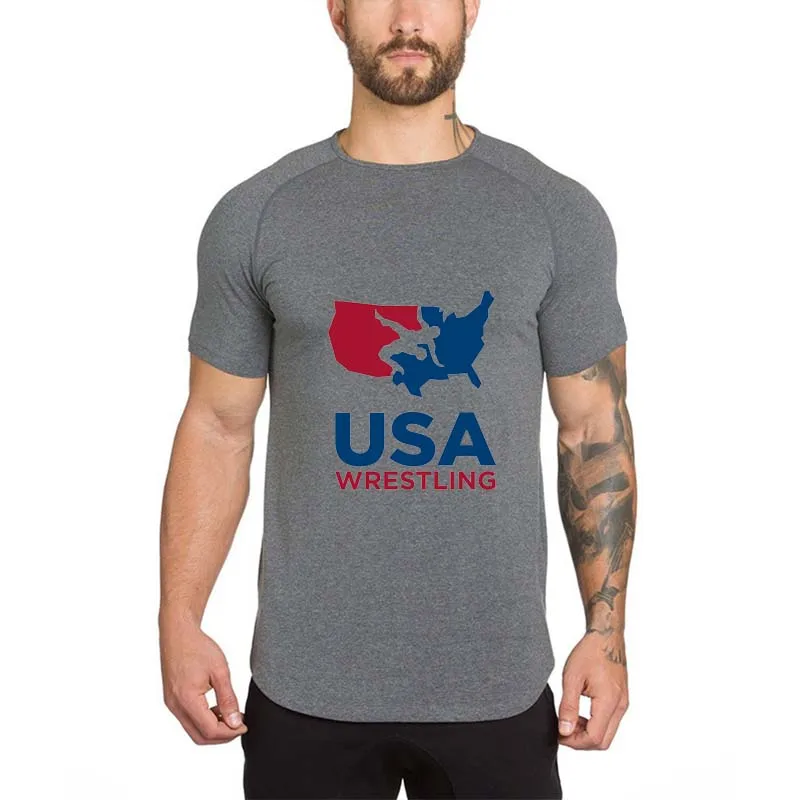 2018 USA Wrestling T-shirt Running Shirt Training Fitness Workout men short sleeve Muscle Tops Bodybuilding | Спорт и развлечения