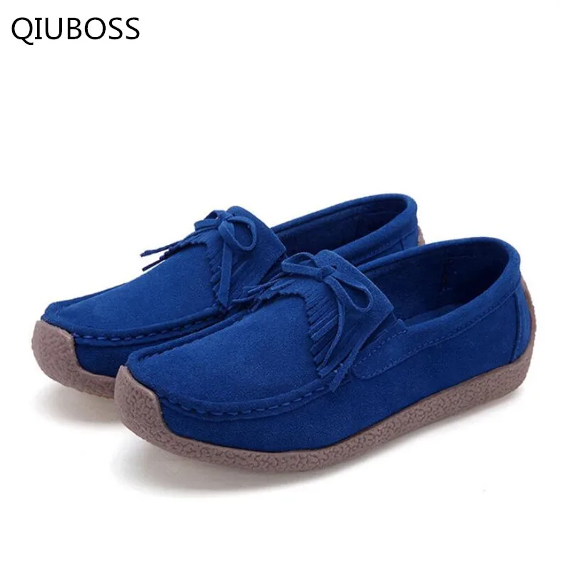 QIUBOSS/Весенняя элегантная кожаная женская обувь с бахромой; удобная повседневная обувь на мягкой подошве; женская замшевая обувь на плоской подошве; Q157 - Цвет: Синий