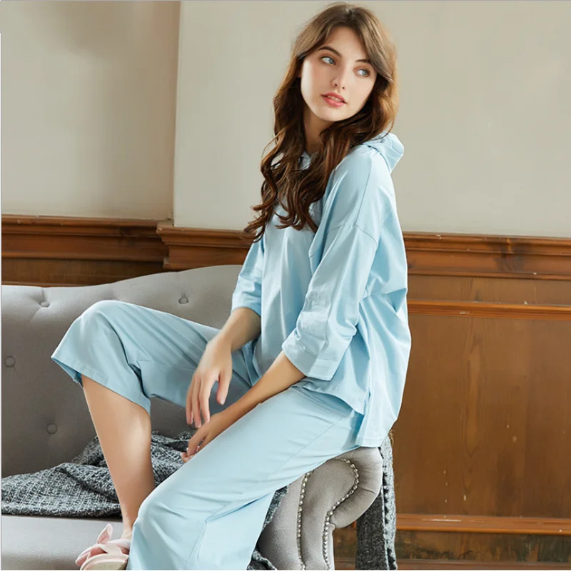 2019 Summer Female Casual pajama sets Women Half sleeve Hooded Collar t Shirt + Calf-Leng Pants Ladies 100%Cotton sleepwear suit | Женская