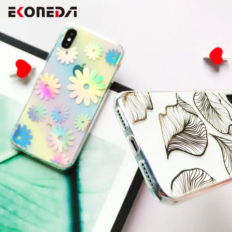 EKONEDA Laser Print Case For iPhone X XS Max XR Floral Leaf Feather 6S 7 8 Plus Silicone Soft Cover |