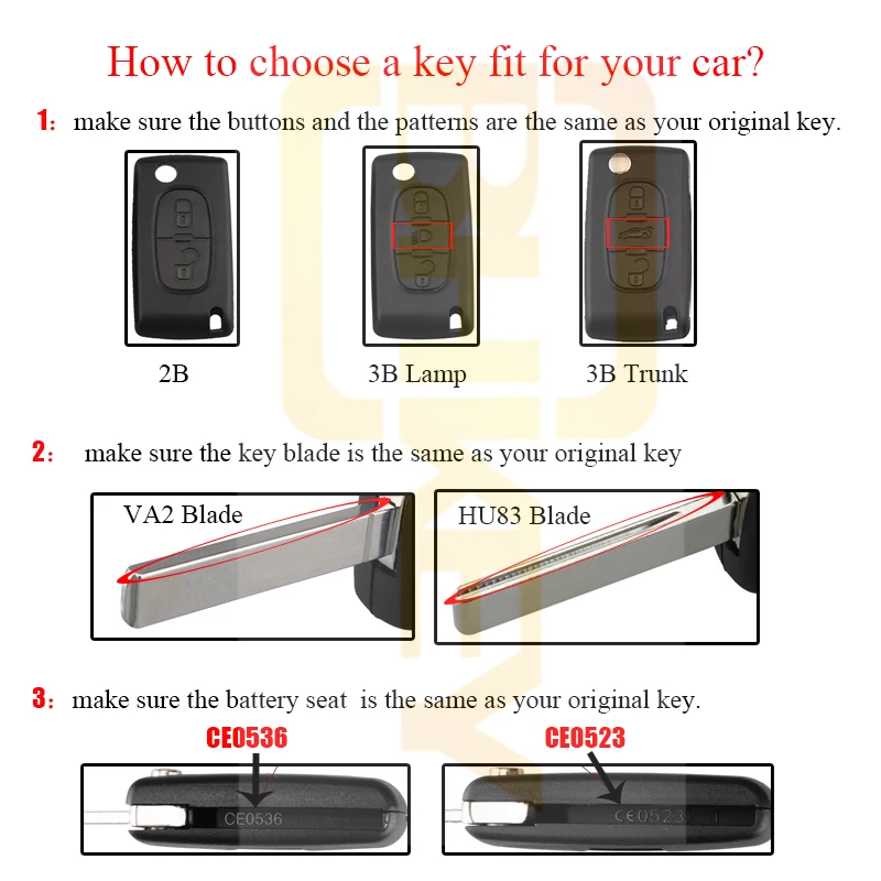 Складной чехол для ключей BHKEY с 2 кнопками пустой корпус Peugeot 107 207 307 307S 308 407 607 2BT