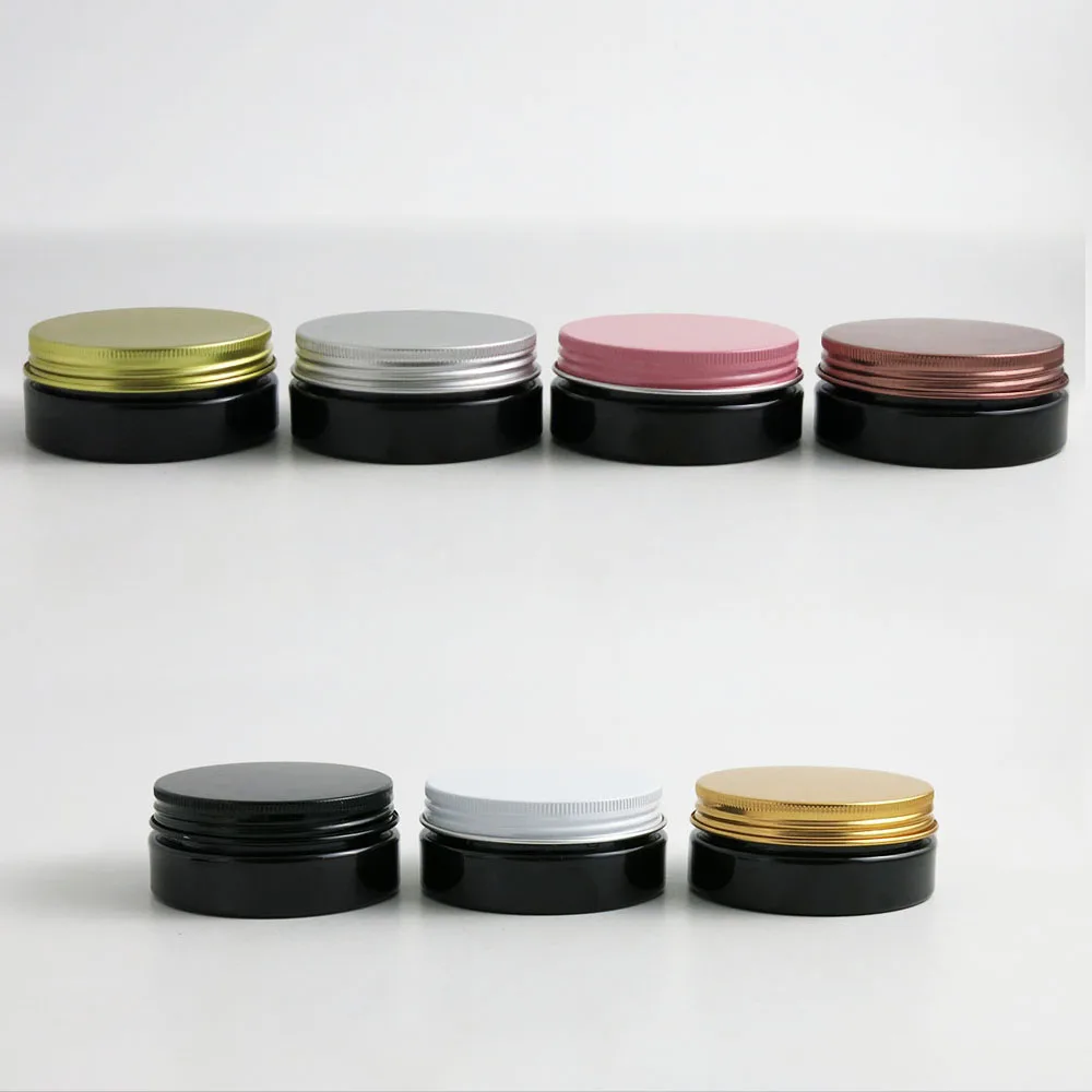 

24 x 50g Empty Black Cosmetic Cream Containers Cream Jars 50cc 50ml for Cosmetics Packaging Plastic Bottles With Metal Lids