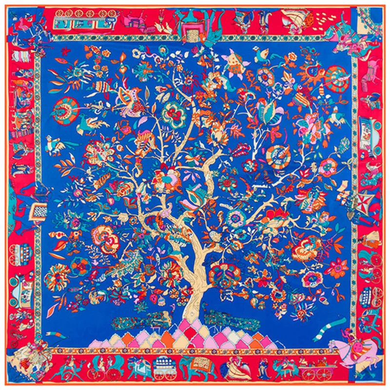 

130cm Square Scarf 2021 Luxury Brand Twill Silk Scarf For Women Female Charm Life Tree Bandanna Head Large Square Scarves Shawl