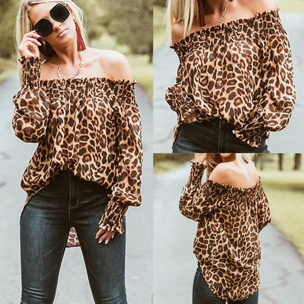 Autumn Women Leopard Off Shoulder Tops Fashion Long Sleeve Pullover Shirt Ladies Casual Loose Slash Neck Blouse