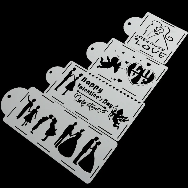 4PCS Happy Valentine's Day Fondant Decorating Love Cake Stencil Wedding Decoration Cupcake Template Mold Baking Tool | Дом и сад