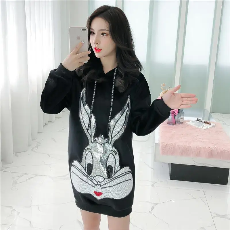 2018 Новинка зимы Модные свободные Кролик Кот блесток золото бархат толстовка