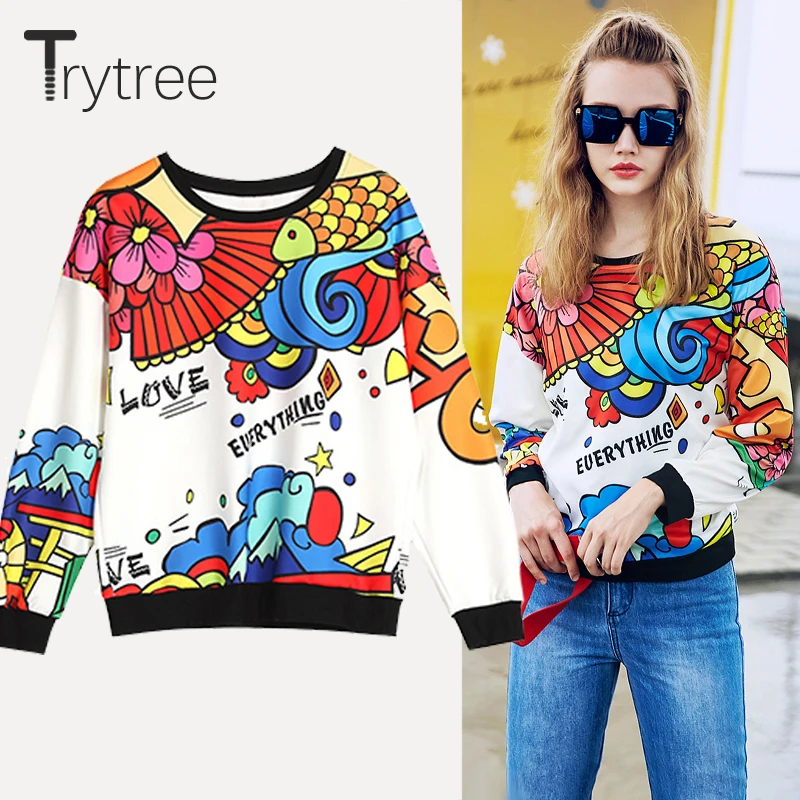 

Trytree Summer Autumn Women Sweatshirts Streetwear Floral Polyester O-neck Pullovers Full Sleeve Casual groot Tops Sweatshirts