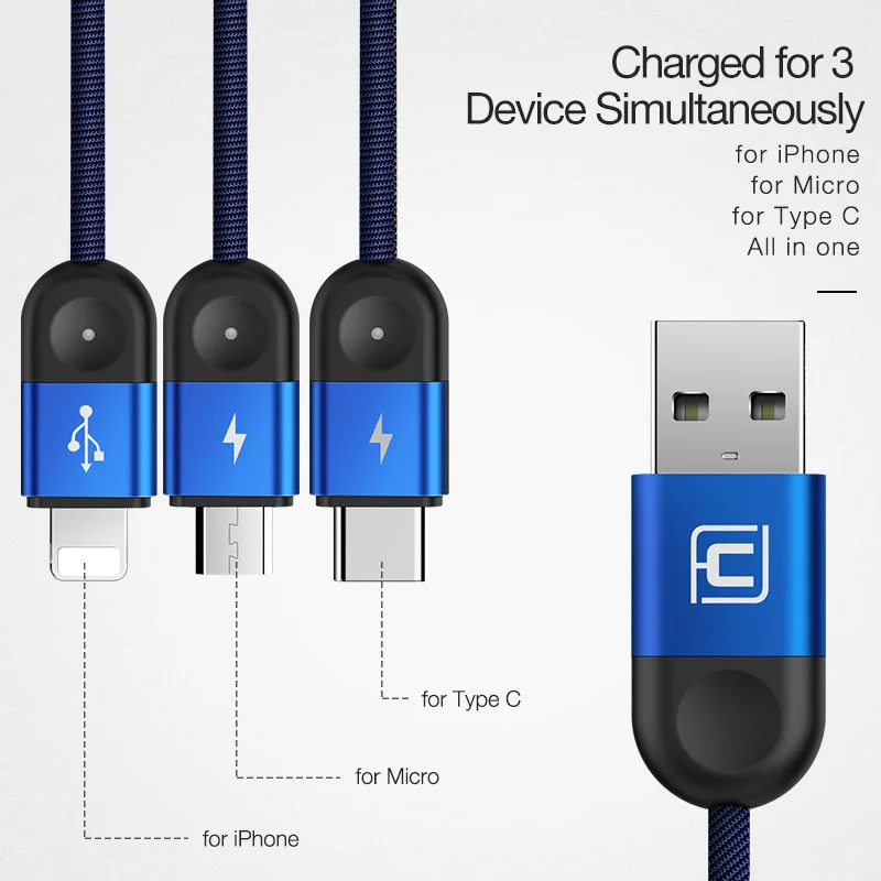 CAFELE 3 в 1 кабель для быстрой зарядки USB кабель синхронизации данных для IOS 12+ micro+ type c тканый нейлоновый кабель для iphone X xiaomi