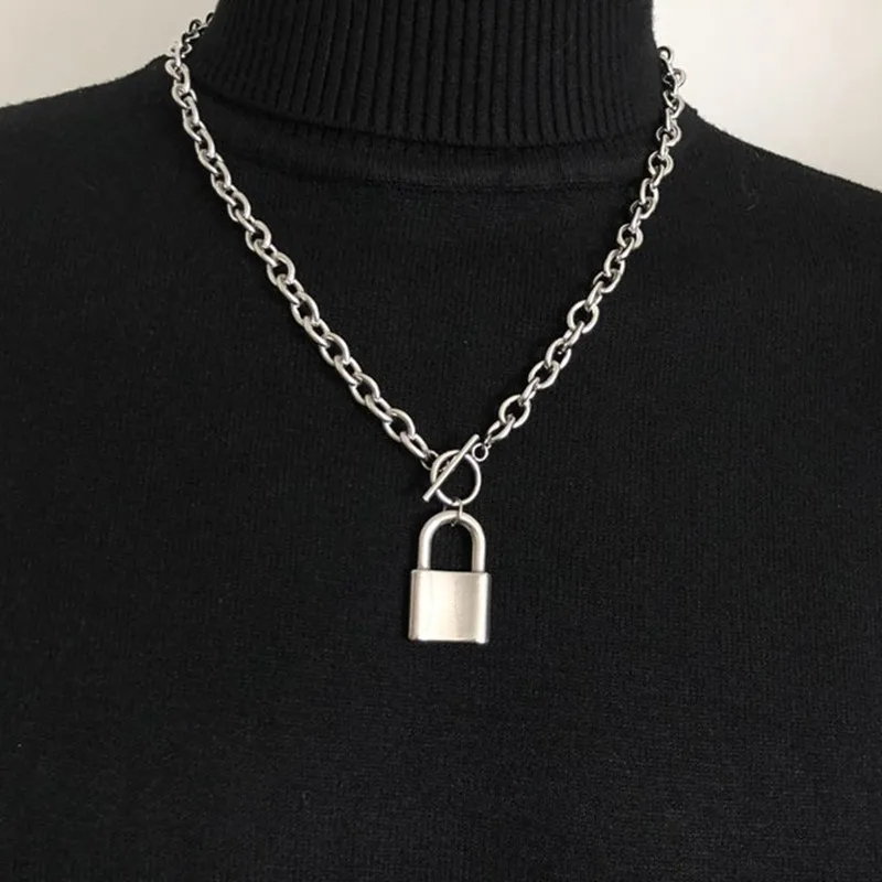 Silver Round Lock Женское ювелирное Серебро цветной висячий замок кулон ожерелье из нержавеющей стали Rolo кабель цепь замок ожерелье дружеский подарок - Окраска металла: Silver Round Lock