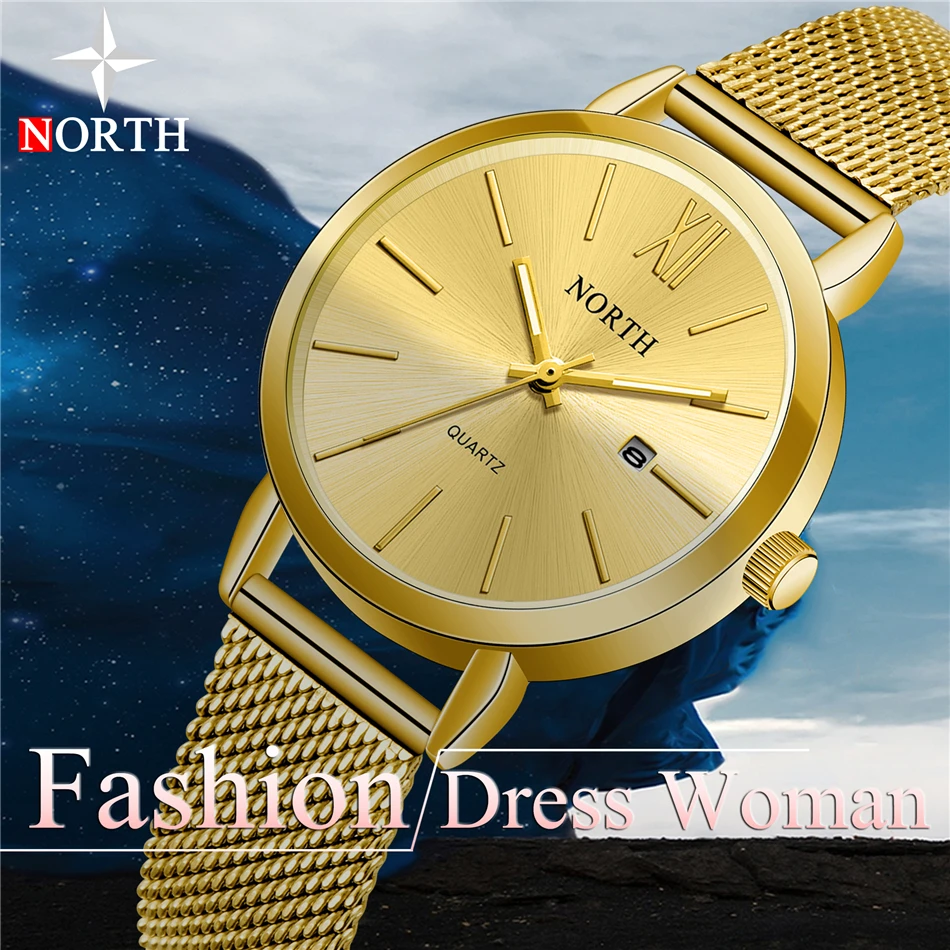 Бренд NORTH, женские часы, полностью стальные, простые, золотые, кварцевые часы, женские, водонепроницаемые, Дамская мода, повседневные, для девушек, часы, Relogio Feminino