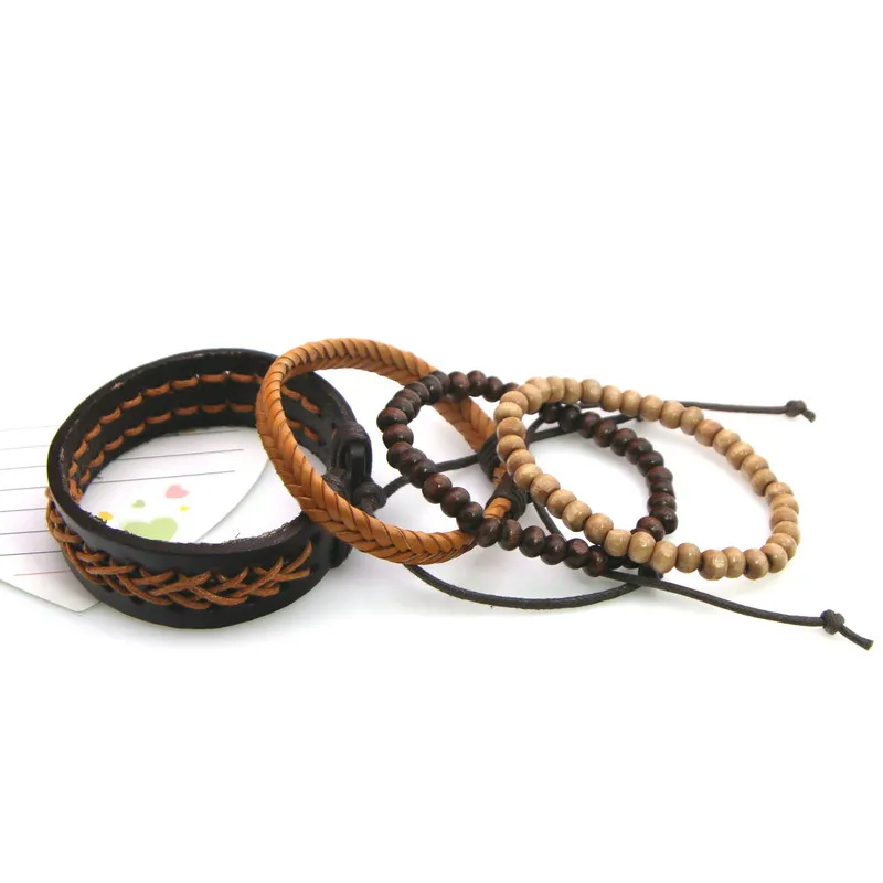 4 PCS/Set Vintage Punk Weave Alloy Charm Men Leather Bracelets For Women Homme Female Jewelry Multilayer Bracelet | Украшения и
