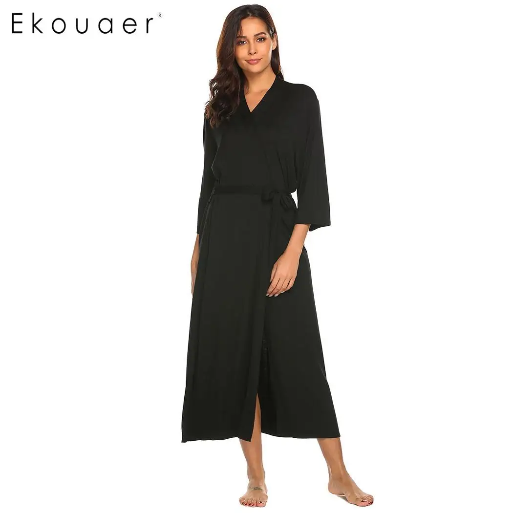 Black Ekouaer, длинный халат, халат, v-образный вырез, длинный рукав, ночная рубашка, халаты для женщин, одноцветные, повседневные, удобные, свободные халаты - Цвет: Black