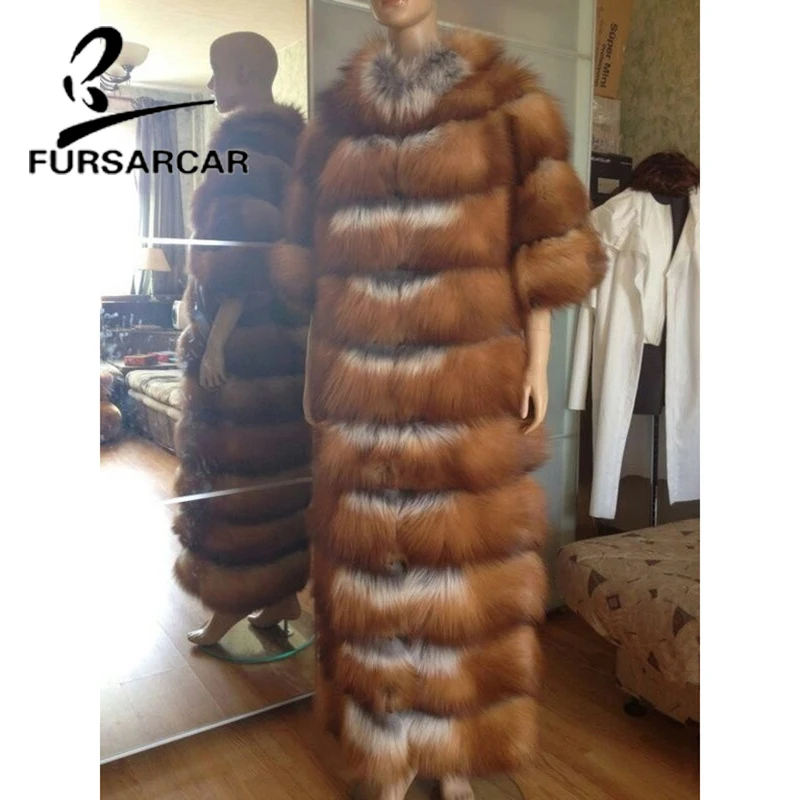Женское пальто с натуральным лисьим мехом FURSARCAR роскошное длинное зимнее из