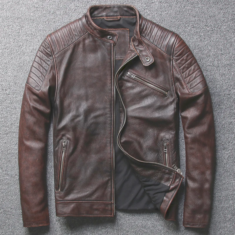 

Autumn Winter Mens Cowskin Leather Jackets Slim Motorcycle Coats Biker Coats Men's Vinatage Brown Overcoat XXXL FREE SHIPPING