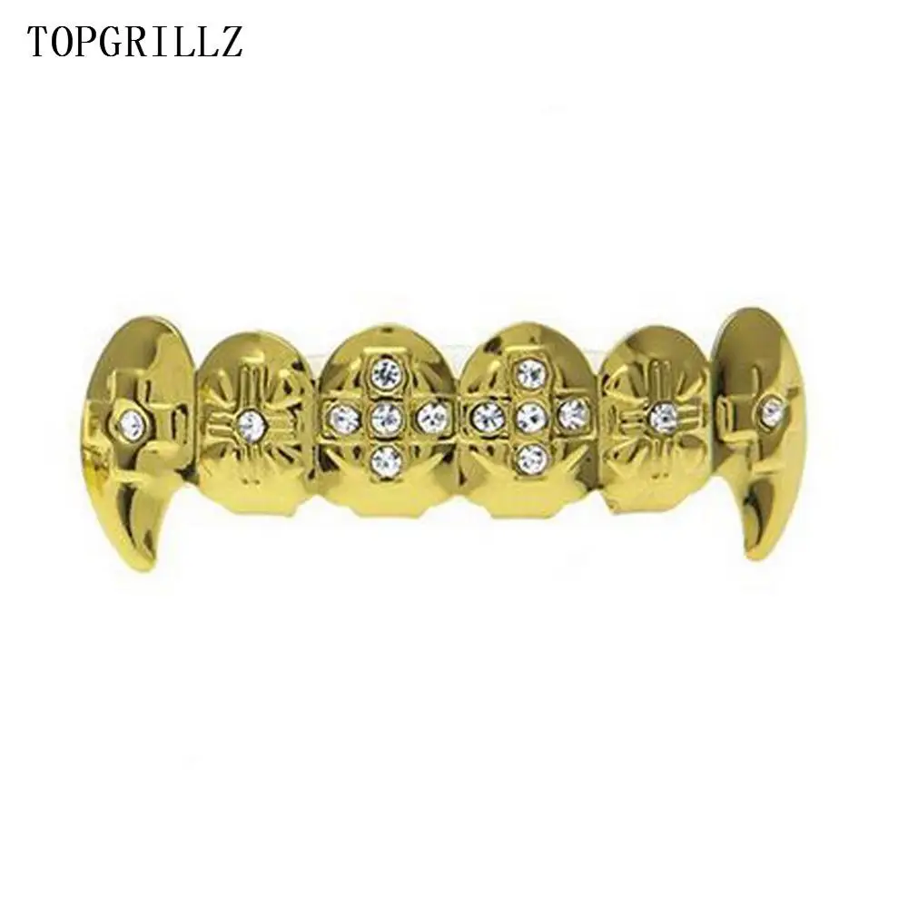 TOPGRILLZ Настоящее розовое золото цвет покрытием ICED OUT CZ зубы GRILLZ крест сверху и снизу зуб шапки Хип Хоп Bling Золотые грили - Окраска металла: Gold Top