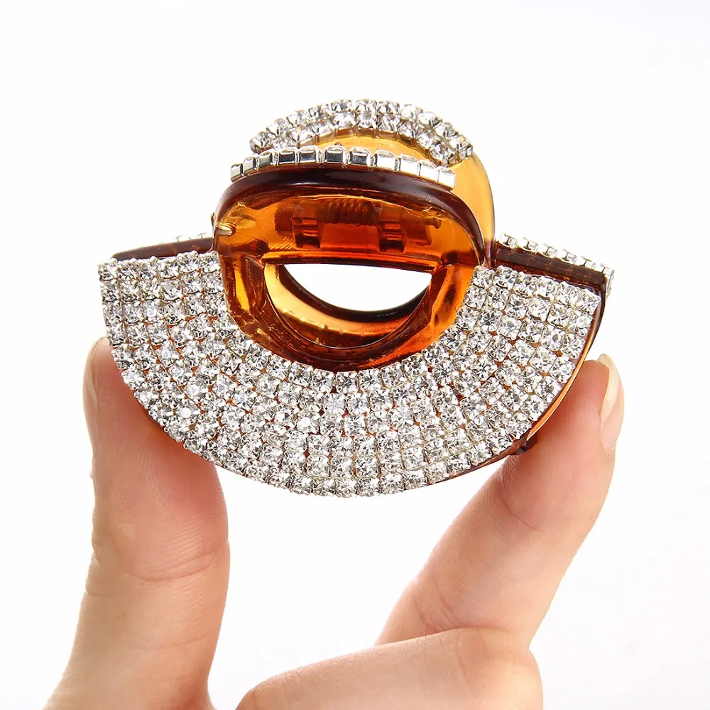 Заколка для волос женская черная/коричневая с кристаллами в форме веера HJ801 |