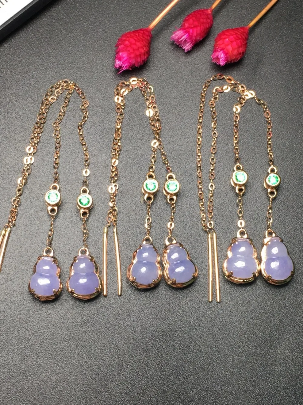 Fine Jewelry Collection Real 18K Yellow Gold AU750 100% Natural Purple Jadi Jade Gemstone Myanmer Origin Drop Earrings for Women | Украшения