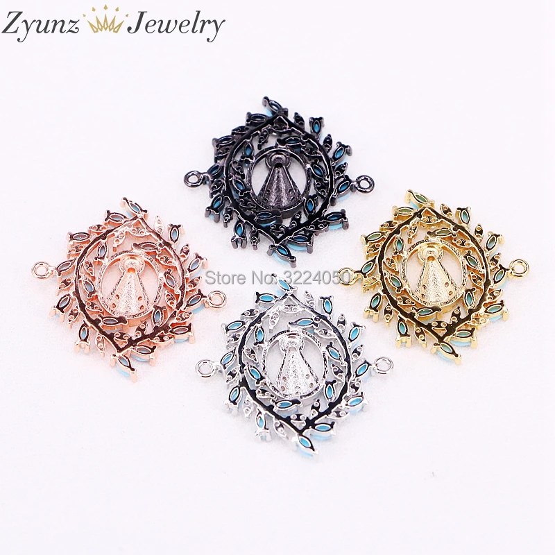 10PCS AZYZ302-5373 Micro Paved CZ and blue Stone Virgin Maria Bracelet Connector Beads Fashion Women Jewelry Findings | Украшения и